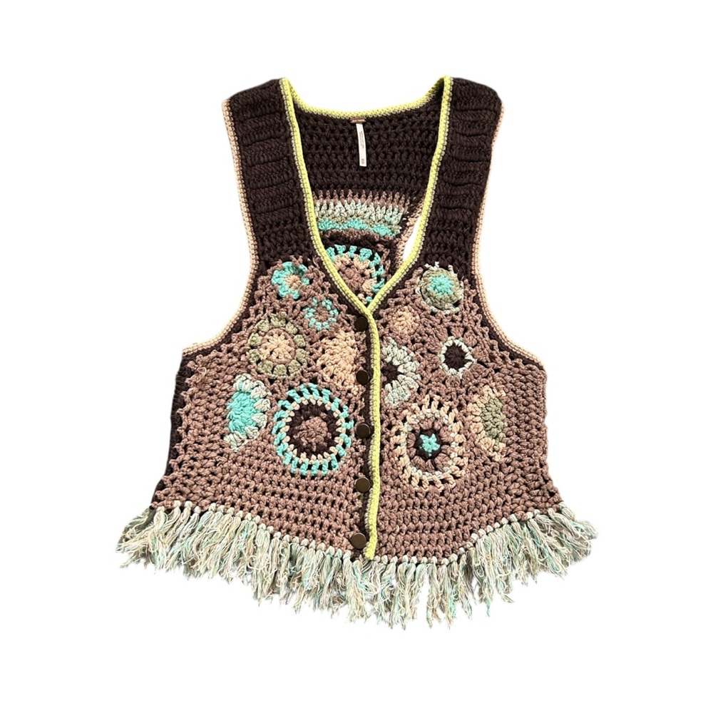 Free People Desert Rose Crochet Vest Brown Granny Square Fringe Festival Boho XS